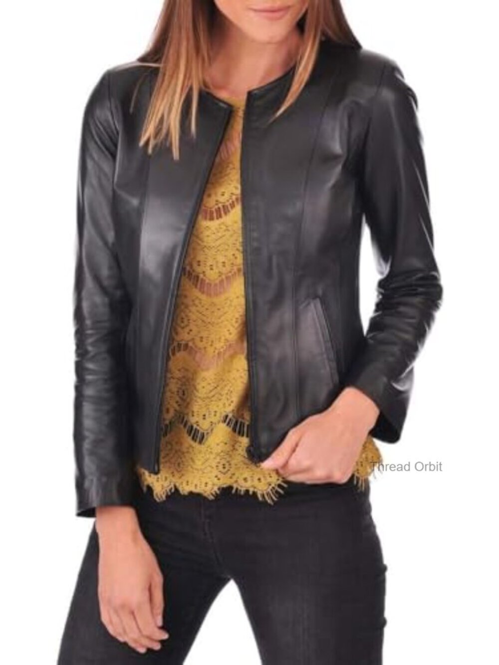 Real Lambskin Leather Jacket Women Cafe Racer Moto Biker Zipper Pockets - Picture 1 of 4